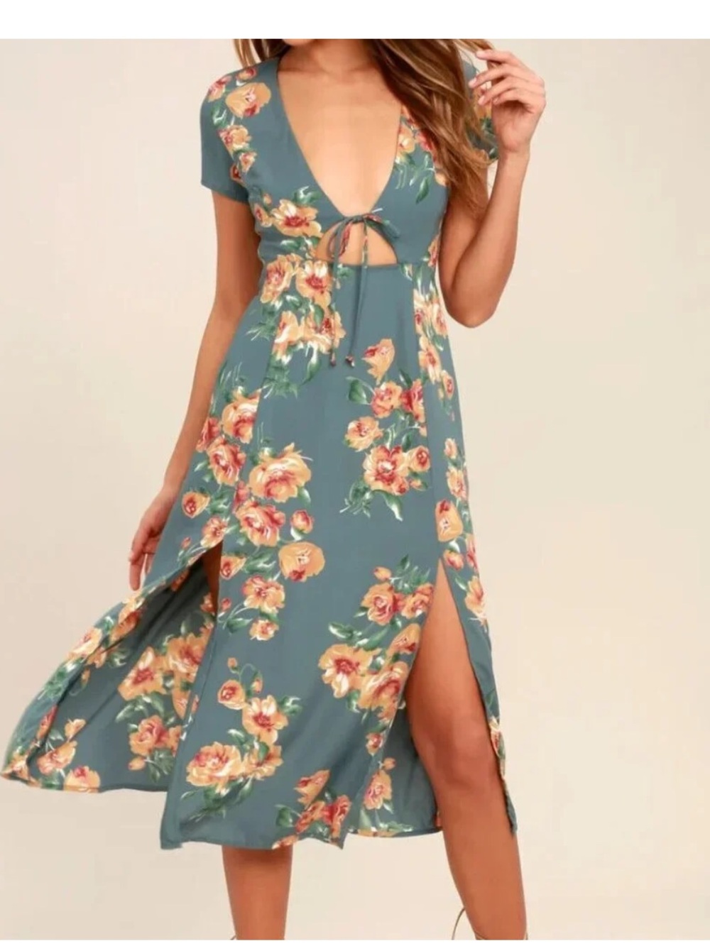Lulus Best Day Of My Life Dusty Sage Floral Midi Dress Size Medium - Picture 1 of 4